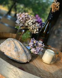 Close-up of purple flowers on table
