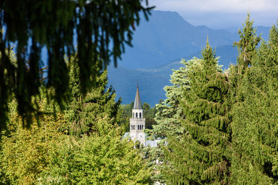 Trees in temple against sky