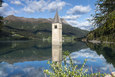 Scenic view of lake by building against sky