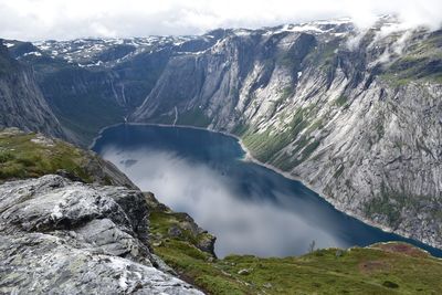 Scenic view of nordic sea against mountains 