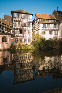 Reflection of building in lake against sky