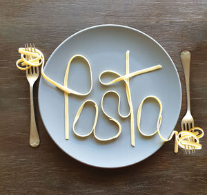 High angle view of text made with food on table