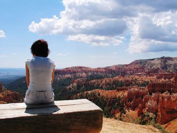 Rear view of woman sitting on landscape against sky