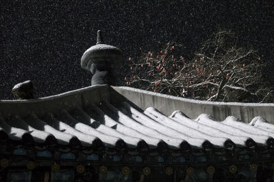 Snow covered roof of building against clear sky during winter