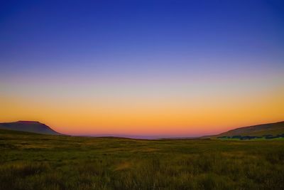 Scenic view of field against clear sky during sunset