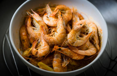 High angle view of prawns in bowl on table