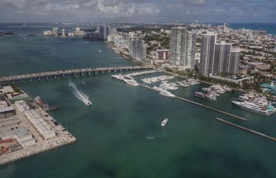 Aerial view of sea and cityscape