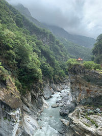 Scenic view of river amidst mountains