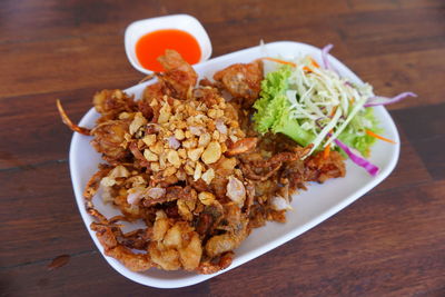 High angle view of meal served on table