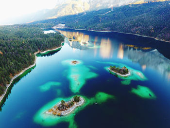 Aerial view of lake and mountains