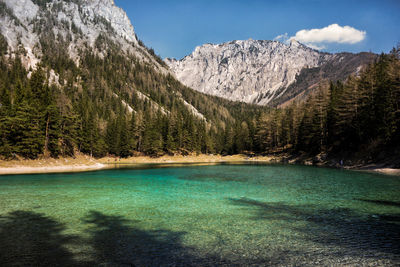 Scenic view of lake and mountains against sky