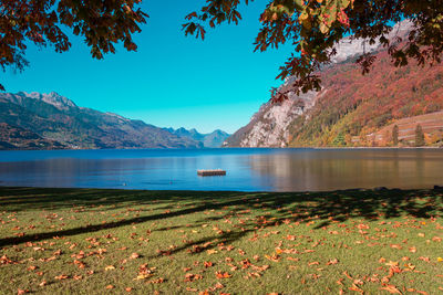 Scenic view of lake against sky during autumn