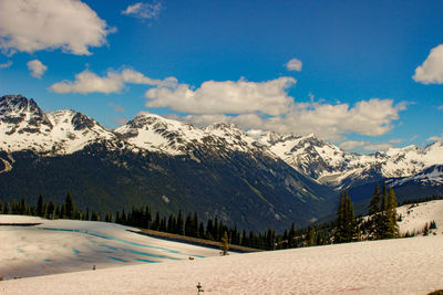 Scenic view of snowcapped mountains against sky