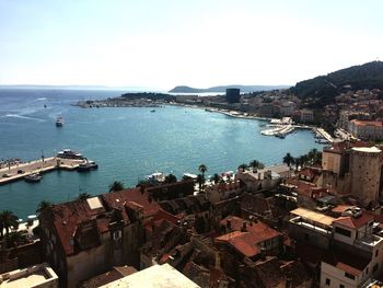 High angle view of boats in sea