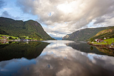 Scenic view of lake and mountains against sky