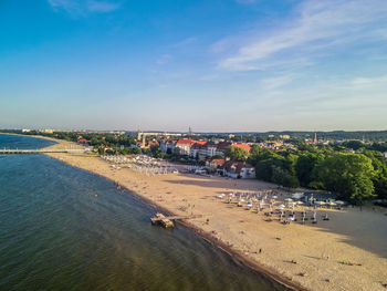 High angle view of beach against blue sky