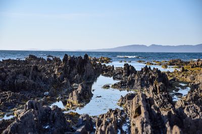 Rocks on beach against clear sky