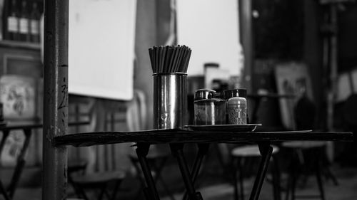 Close-up of glasses on table at home