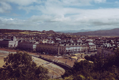 High angle shot of townscape against sky