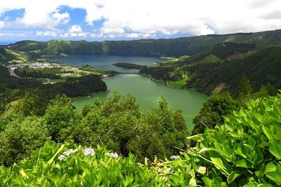 Scenic view of lake and mountains against sky