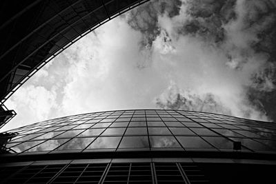 Low angle view of modern building against cloudy sky