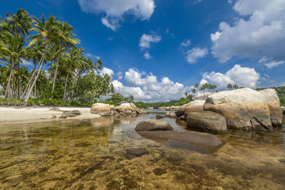 Scenic view of waterfall against sky