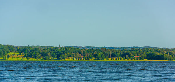 Scenic view of sea against clear blue sky