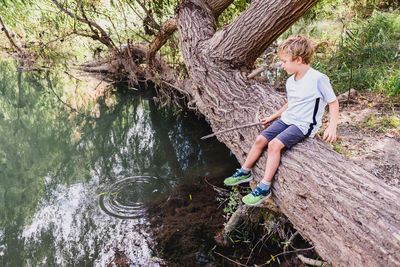 Boy sitting on tree trunk by plants