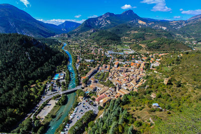 High angle view of townscape against sky