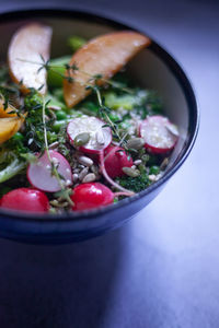 High angle view of salad in bowl on table