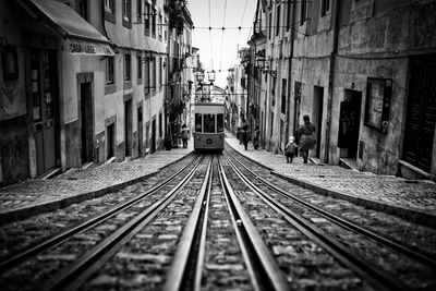 Cable car on street amidst buildings in city