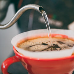 Close-up of water pouring in coffee filter