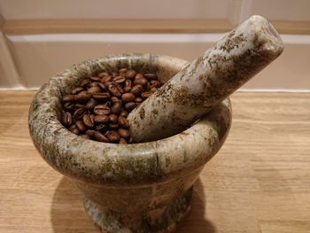 High angle view of coffee beans on table