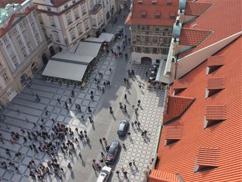 High angle view of people on street