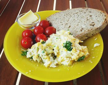 High angle view of breakfast served on table