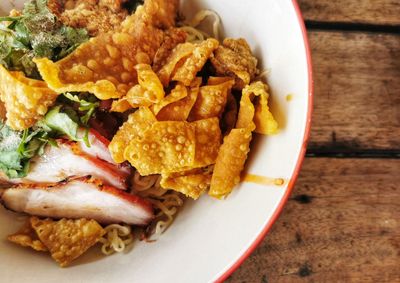 High angle view of food in plate on table