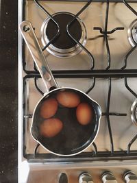 High angle view of bread in metal container