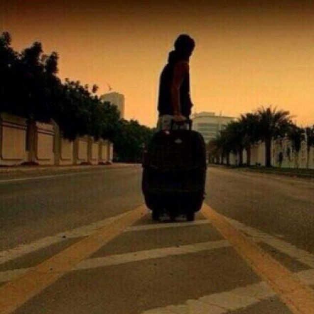 transportation, road, sunset, street, full length, tree, road marking, clear sky, sky, men, the way forward, lifestyles, outdoors, rear view, silhouette, human representation, on the move, riding