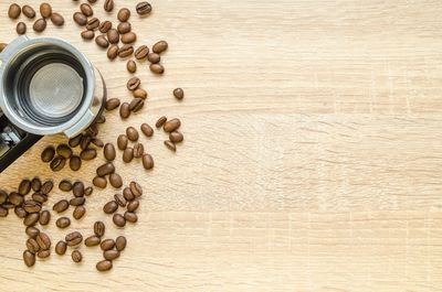 High angle view of coffee beans on table