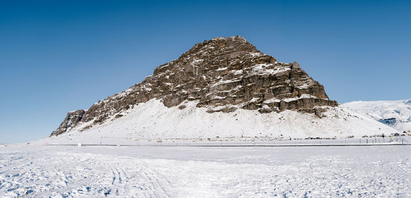 Scenic view of snowcapped mountains against clear blue sky