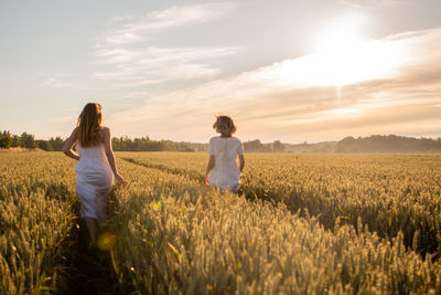 Rear view of women walking amidst plants on land against sky during sunset