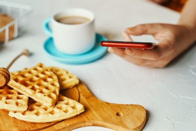 High angle view of breakfast served on table
