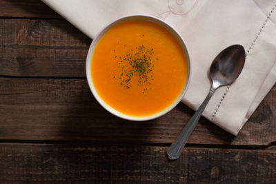 High angle view of soup in bowl on table