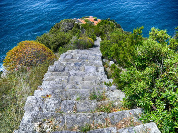 High angle view of rock amidst sea