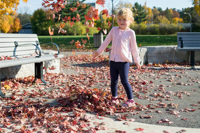 Portrait of boy standing on autumn leaves