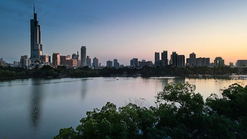 Buildings in city at sunset