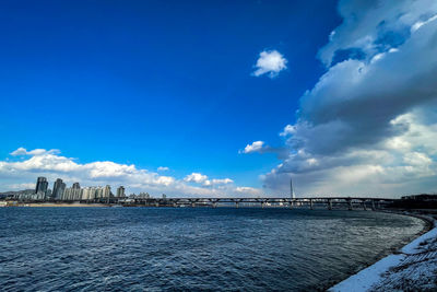 Bridge over river in city against blue sky