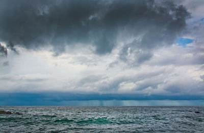 Scenic view of sea against storm clouds