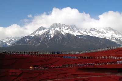 Scenic view of snowcapped mountains against sky