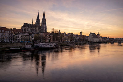 River in city at sunset